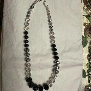 Black, silver and clear beaded necklace. Costume jewelry. 18 inches w/ extender